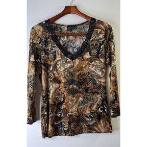 Y2K SUSIE IN THE CITY Velvet Baby Doll Top Women's M Sequin Lace Office Casual